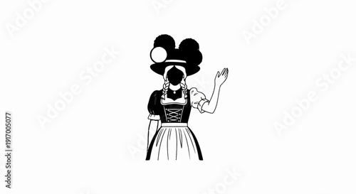 A black and white illustration of a figure in traditional dress waving