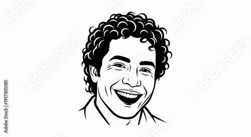 A black and white line drawing of a smiling person with curly hair