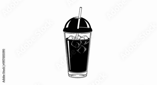 A black and white line drawing of a tall drink with ice cubes and a straw