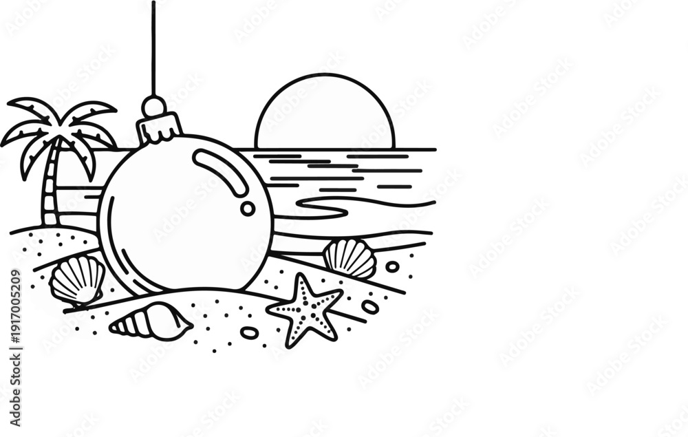 Obraz premium A black and white outline of a Christmas ornament on a beach at sunset