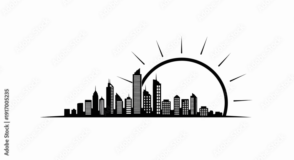 Fototapeta premium A black and white silhouette of a modern cityscape at sunrise