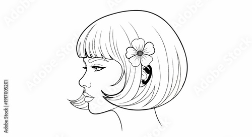 A black and white outline illustration of a woman's profile with short hair and a flower