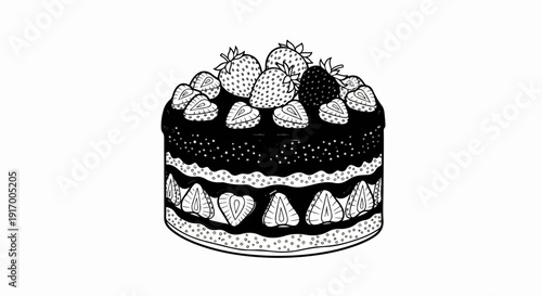 A black and white illustration of a layered cake decorated with strawberries and dots