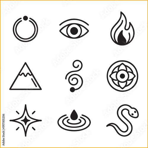 Set of linear abstract elemental icons representing fire, water, earth, and vision.