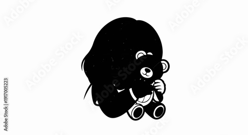 A black and white silhouette of a child hugging a teddy bear