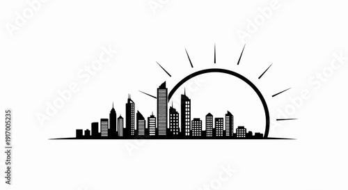 A black and white silhouette of a modern cityscape at sunrise