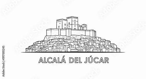 A black and white sketch depicts a fortified castle atop a densely packed village on a hill