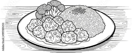 A black and white illustration of a meal with meatballs, rice, and broccoli on a wooden table