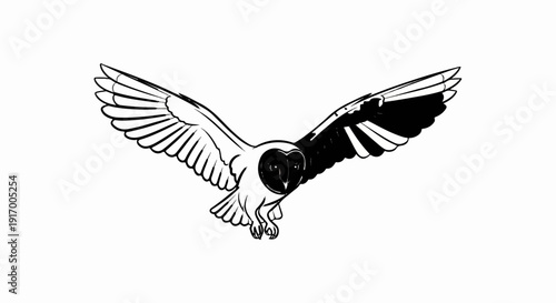 A black and white sketch of a barn owl in flight