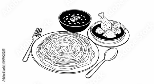 A black and white illustration of a meal with a large flatbread, two bowls of food