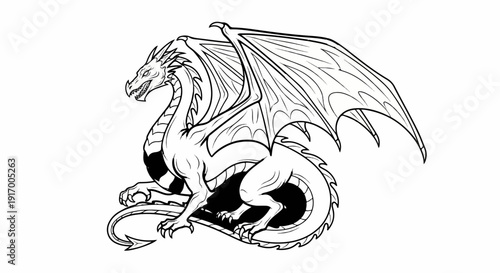 A black and white illustration of a mythical dragon with large wings, sitting majestically