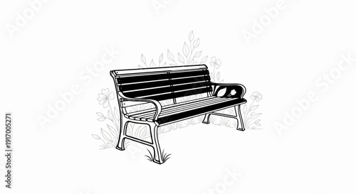 A black and white illustration of a park bench with decorative flowers and leaves