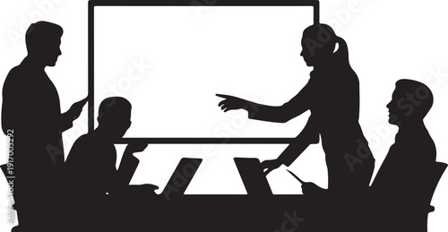 Silhouettes of people presenting and discussing around a table with laptops