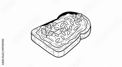 A black and white illustration of a slice of toast topped with spread, seeds, and herbs