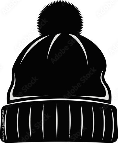A black knitted beanie with a fuzzy pom-pom and ribbed brim, isolated on white