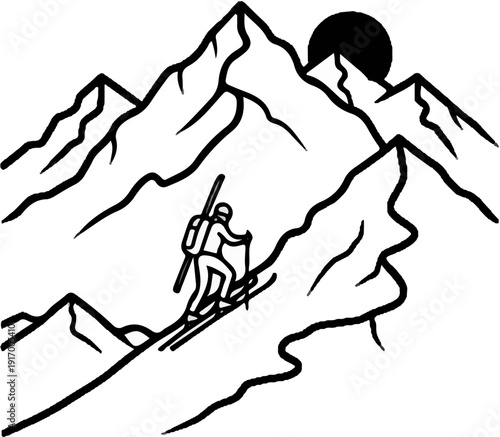 A black and white illustration of a skier climbing a snowy mountain under a dark sun