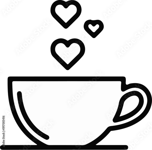 A black line drawing of a steaming cup with hearts rising