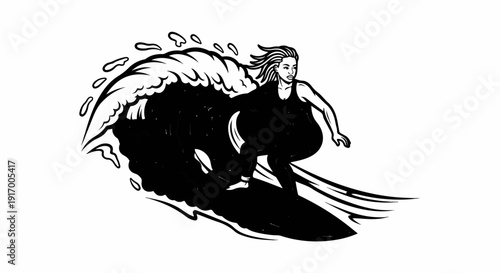 A black and white sketch of a person surfing on a wave