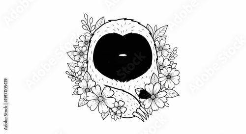 A black and white illustration of a sloth's face surrounded by flowers