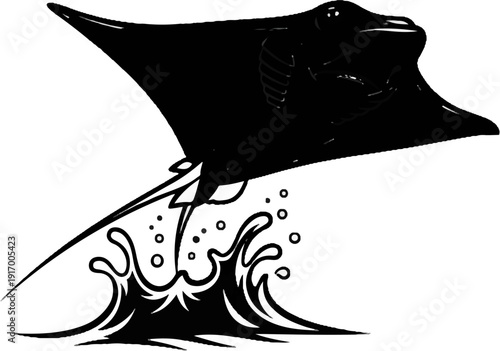 A black manta ray gracefully swims through stylized ocean waves
