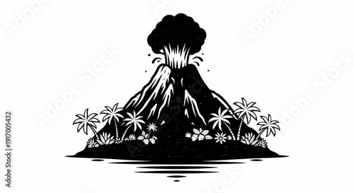 A black and white illustration of a smoking volcano erupting lava amidst tropical palm trees
