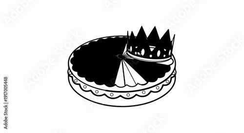 A black and white illustration of a sliced cake topped with a crown
