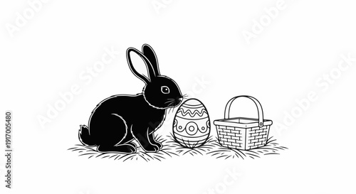 A black rabbit sits near a decorative Easter egg and a woven basket