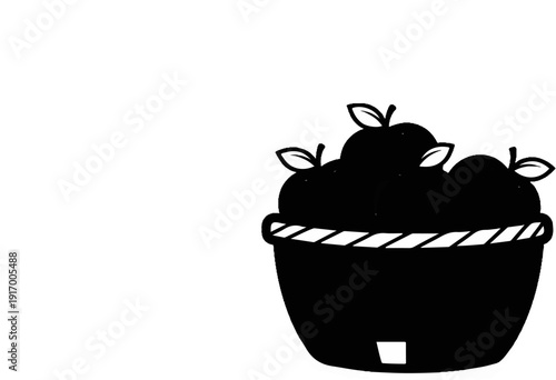 A black silhouette of a basket full of apples with leaves