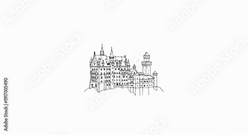 A black and white sketch of a sprawling fairytale castle with multiple towers
