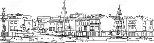 A charming sketch of a waterfront town with boats docked in the harbor