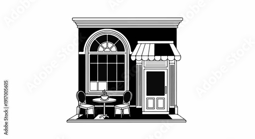 A charming storefront with outdoor seating, displaying a coffee cup