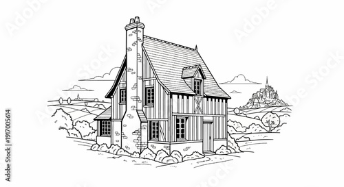 A charming half-timbered cottage in a rural landscape with a distant castle