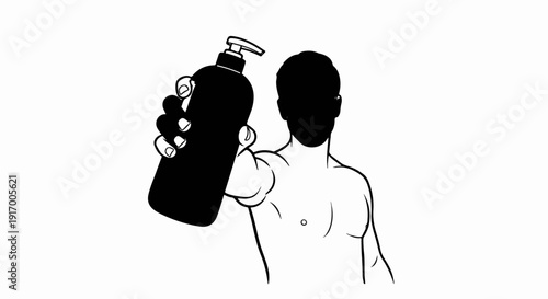 A black silhouette of a person's upper body holding a dark bottle with a pump dispenser