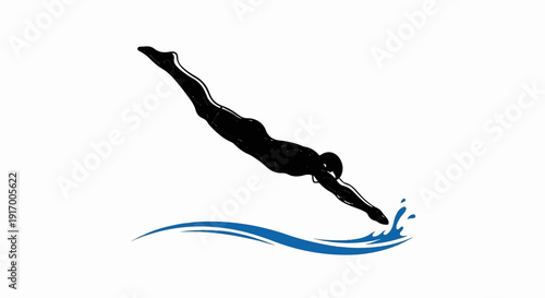 A black silhouette of a swimmer dives into blue water