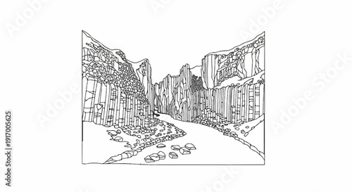 A black and white sketch of a winding river flowing through a canyon with columnar rock formations