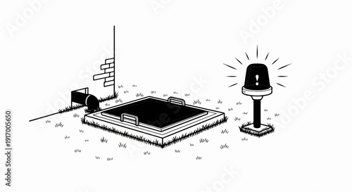 A black, square hatch sits in grass near a brick wall, with an alarm light flashing