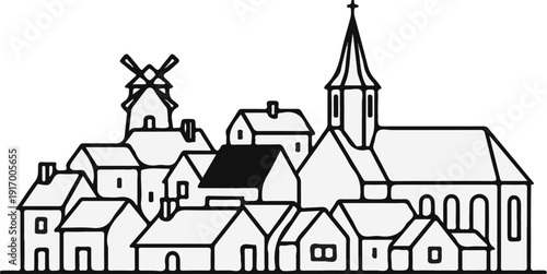 A charming village scene with houses, a church, and a windmill
