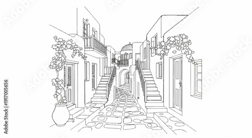 A charming, sun-drenched path winds between whitewashed buildings with blooming vines