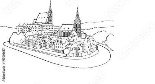 A charming, old-world town with winding river and church spires