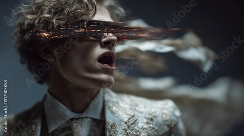 Futuristic Man With Glowing Digital Motion Blur Visor On Eyes