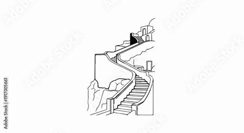 A black and white sketch of a winding staircase carved into a rocky cliff face