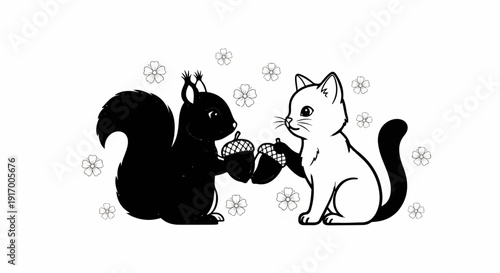 A black squirrel and a white cat share acorns surrounded by small flowers