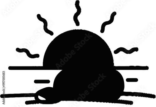 A black stylized depiction of a sun partially set over wavy horizontal lines