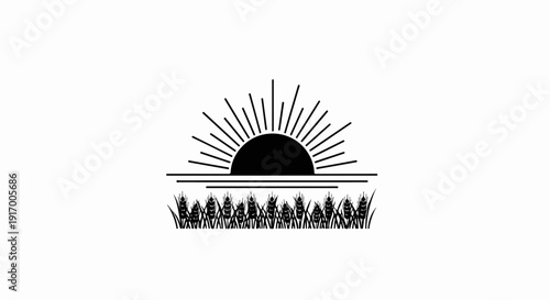 A black stylized sunrise over a wheat field with radiating sun rays