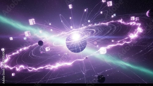Abstract representation of a quantum entanglement and particle interaction in a futuristic digital space.