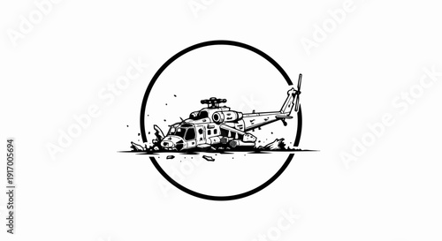A black and white sketch of a wrecked helicopter inside a circle