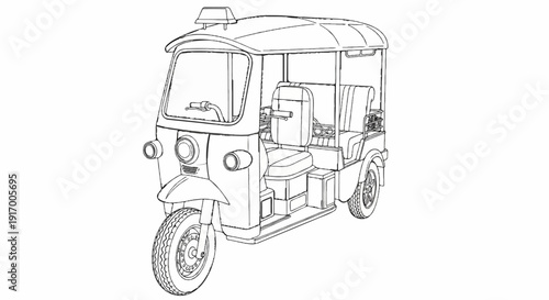A black and white sketch of an open-air motorized tricycle with seating for passengers