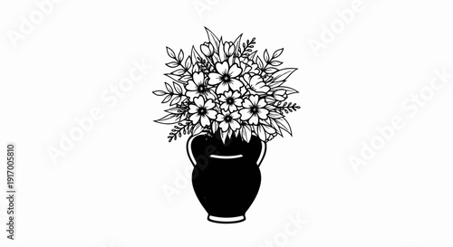 A black vase filled with a bouquet of delicate flowers and leaves