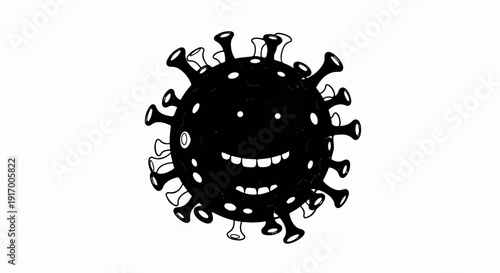 A black cartoon illustration of a smiling virus with spikes on a white background