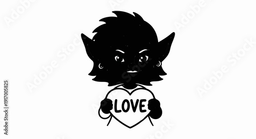 A black cartoon character with large ears holds a heart shape with the word LOVE